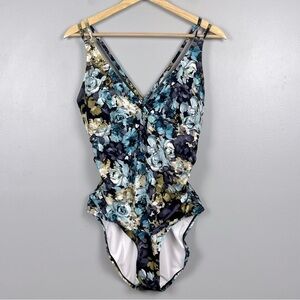 NWT Ki Laphee black watercolor rose print crossback modest 1 piece swimsuit, XL.